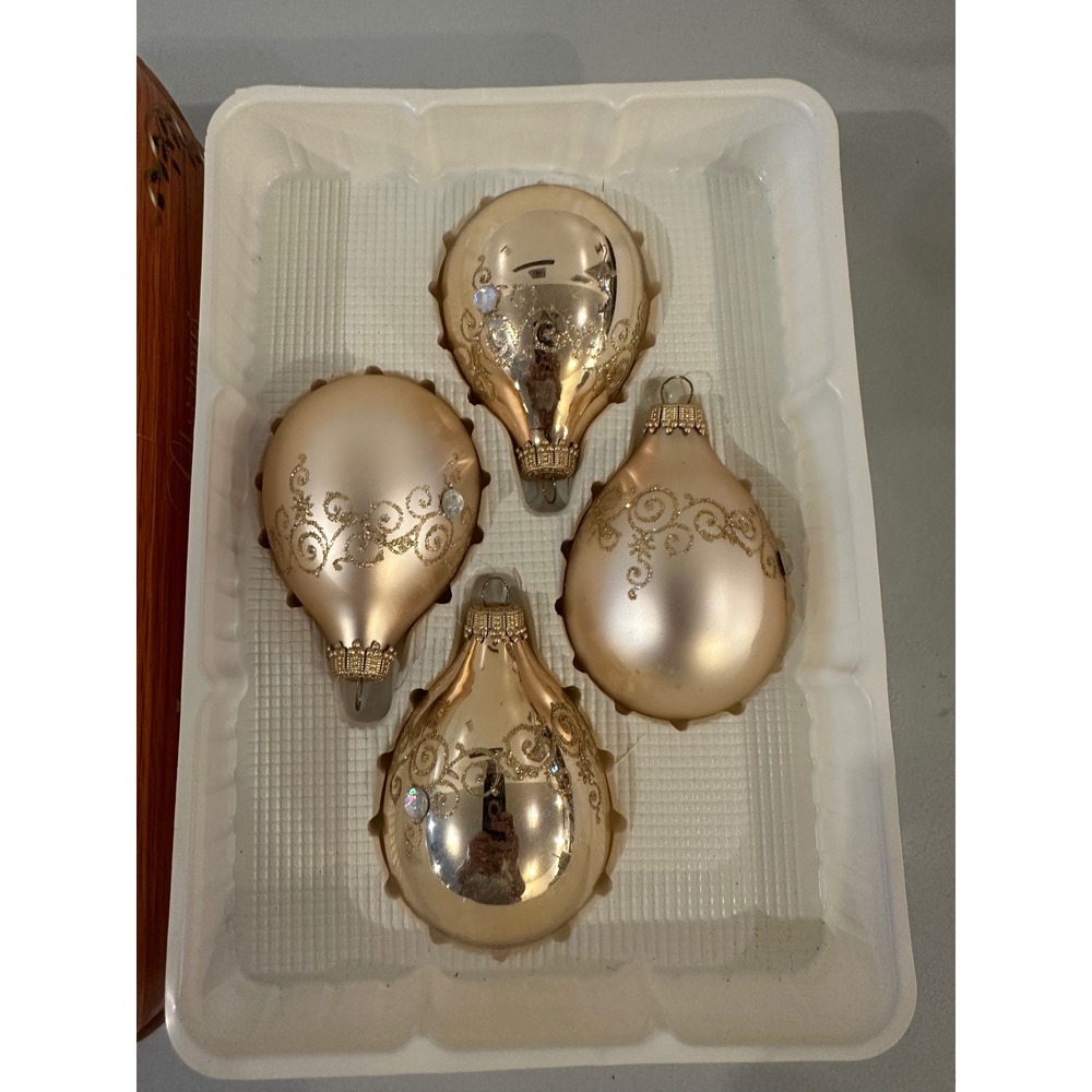 Vintage Christmas by Krebs Glass Ornaments Champagne Gold Glitter Rhinestone 4pc